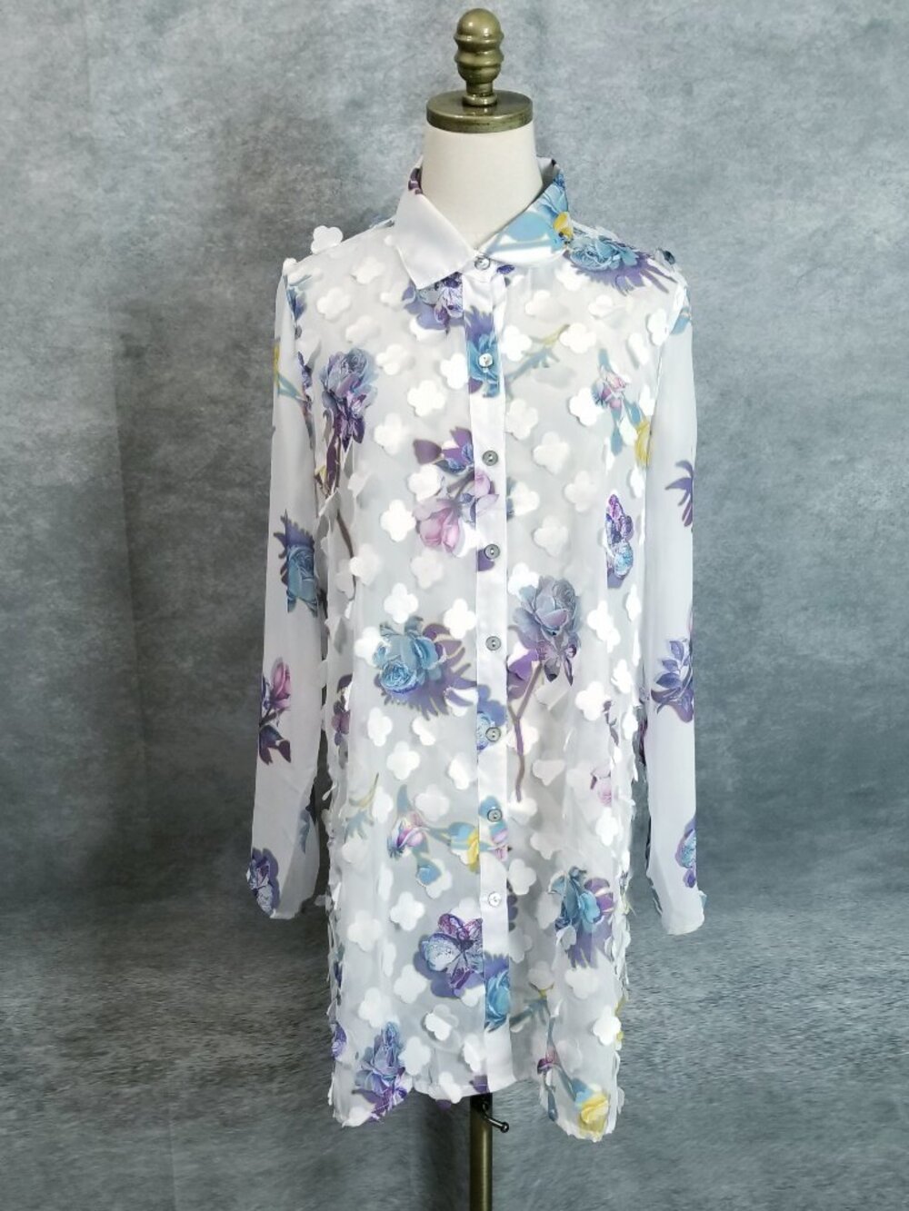 Multiples 3D Floral Applique Shirt Dress Tunic Size M Watercolor Whimsical